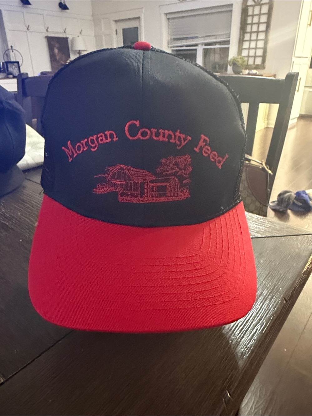 Source Unknown Morgan County Feed Black and Red Trucker Hat